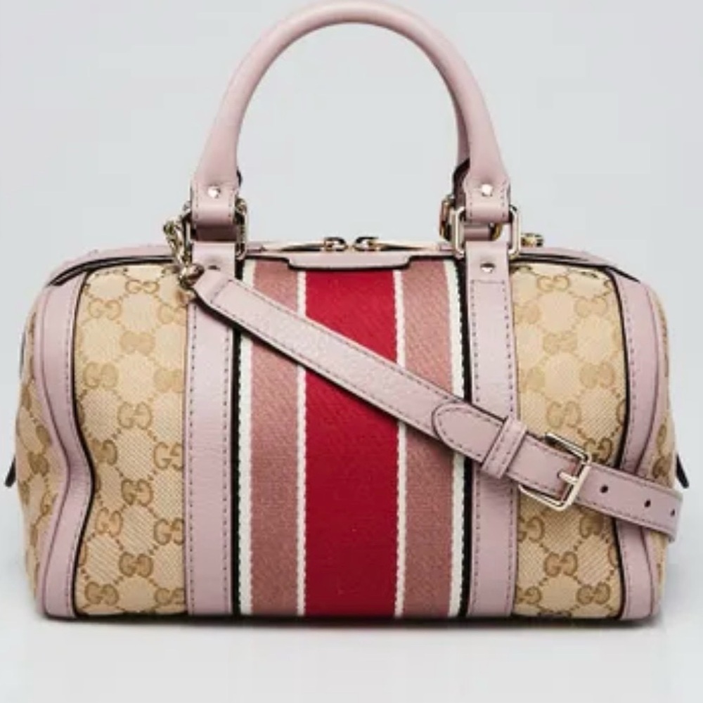 RARE Gucci Vintage Web Boston Bag – GG Canvas with Pink Leather Trim (Like New)